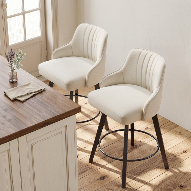Modern Fabric Upholstered Swivel Bar Stool, Beige, 2
