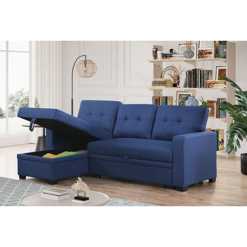 Convertible Upholstered Sectional Sofa With Pull-Out Chaise, Blue
