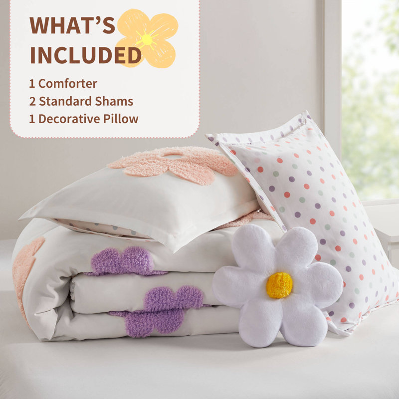 Gracie Floral Reversible Tufted Chenille Comforter Set with Flower Throw Pillow