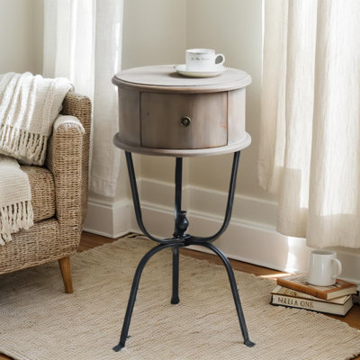 Table de chevet ronde en bois avec tiroir et pieds en métal Desibor