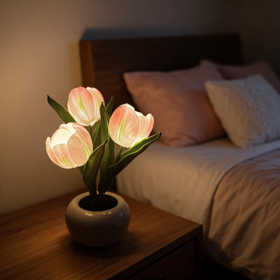 LED Tulip Night Light Table Lamp with Vase - Simulation Real-Touch Artificial Flower Decor - Soft Accent Light for Bedroom/Living Room Centerpiece - Party/Wedding Gift, Pink