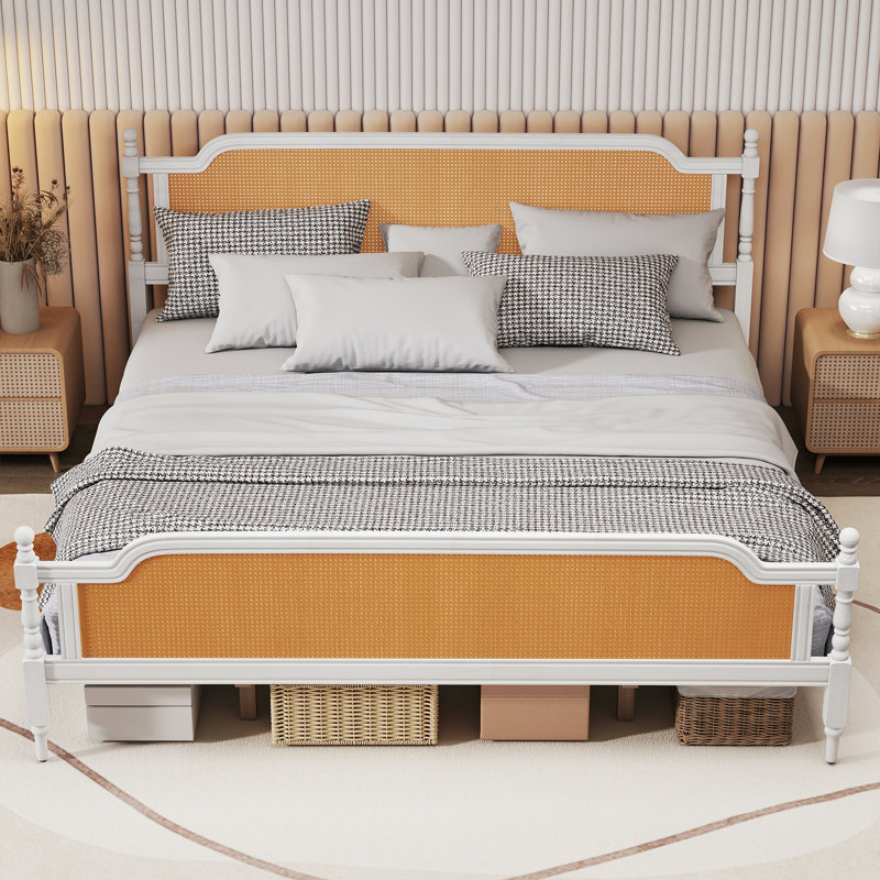 Platform Bed Frame with Natural Rattan Headboard and Footboard, Bohemian and Mid Century Style, Brown/White, Queen