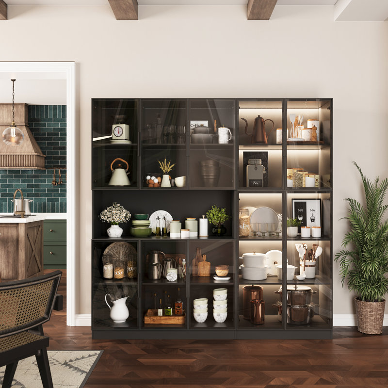 5-shelf Display Cabinet With Led Lighting, Tempered Glass Doors & Anti-tip Design, Black