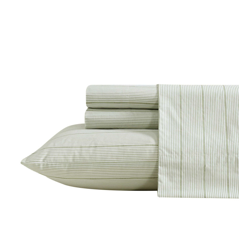 Ensemble de draps en coton percale Nautica, Ensemble de draps pour très grand lit avec 2 taie, Ellipse Stripe Green