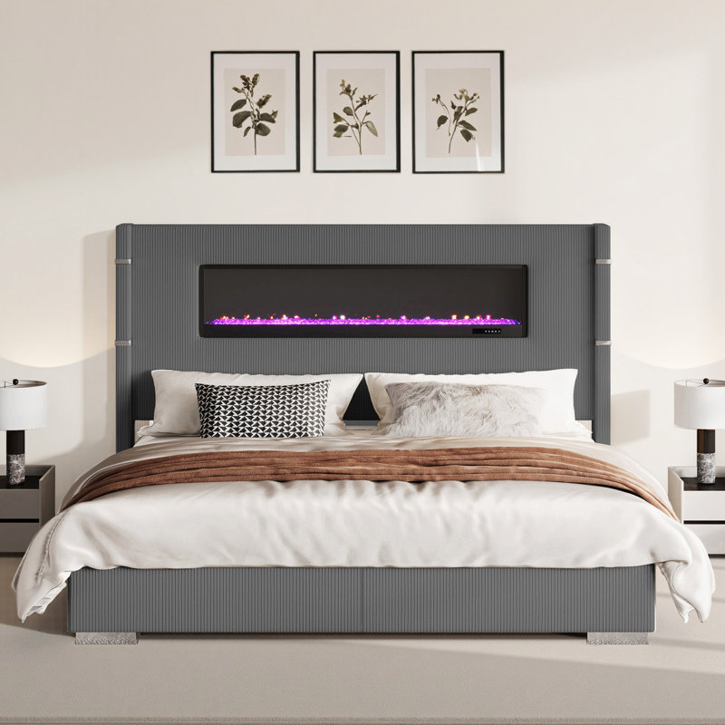 Lit moderne H 60,4 po avec tête de lit et foyer en velours côtelé, gris, Très grand