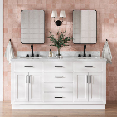 Thornaby 66'' Solid Wood Double Bathroom Vanity with 1.5'' Carrara Marble Top, Oval Sinks