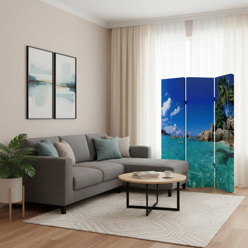 Paravent 72 "à trois panneaux pliables en toile bleue et verte