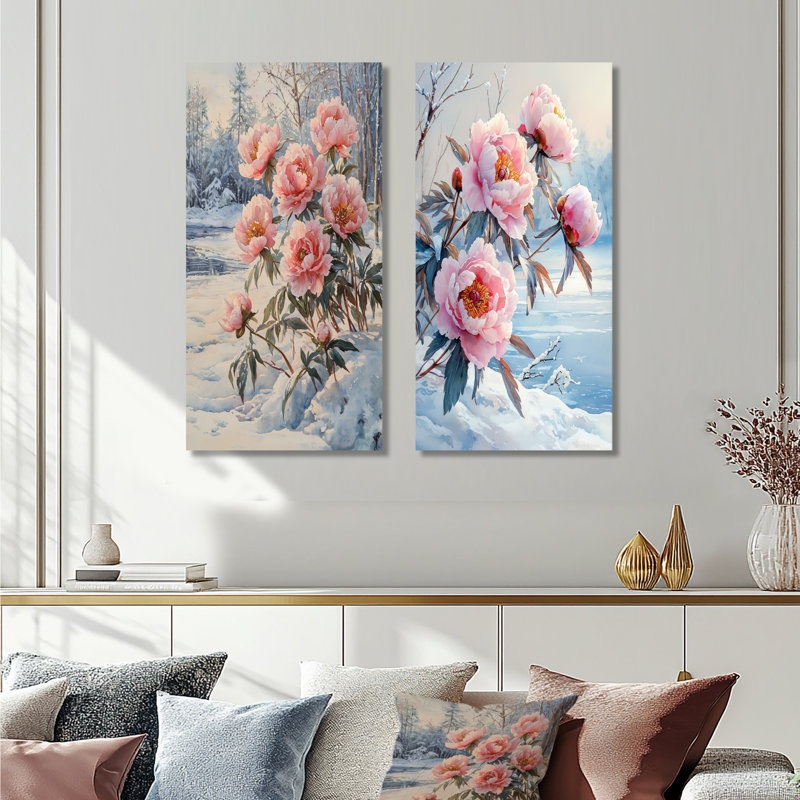 Pivoines près du lac gelé I - Collection d'art mural floral 2 pièces, H 28 po x l 25 po, Toile tendue