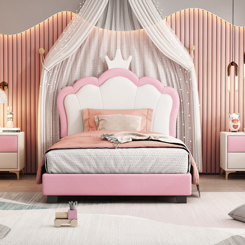 Calton Upholstered Princess Bed With Crown Headboard, Full/Double, White/Pink