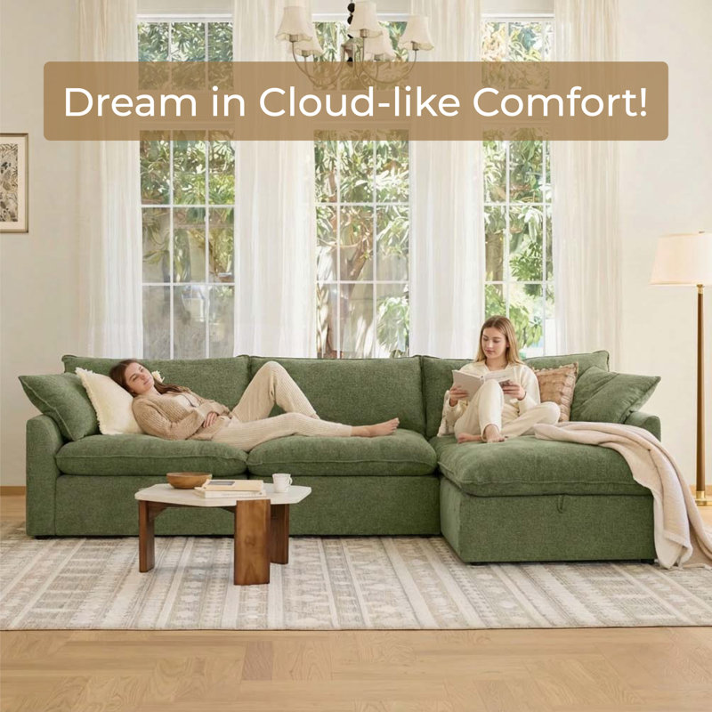 Salha 130.7" Modular Upholstered Cloud Sectional, Moss Green Velvet