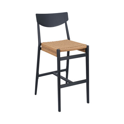 Élégant tabouret de bar d'extérieur en aluminium noir avec siège tissé en térylène naturel