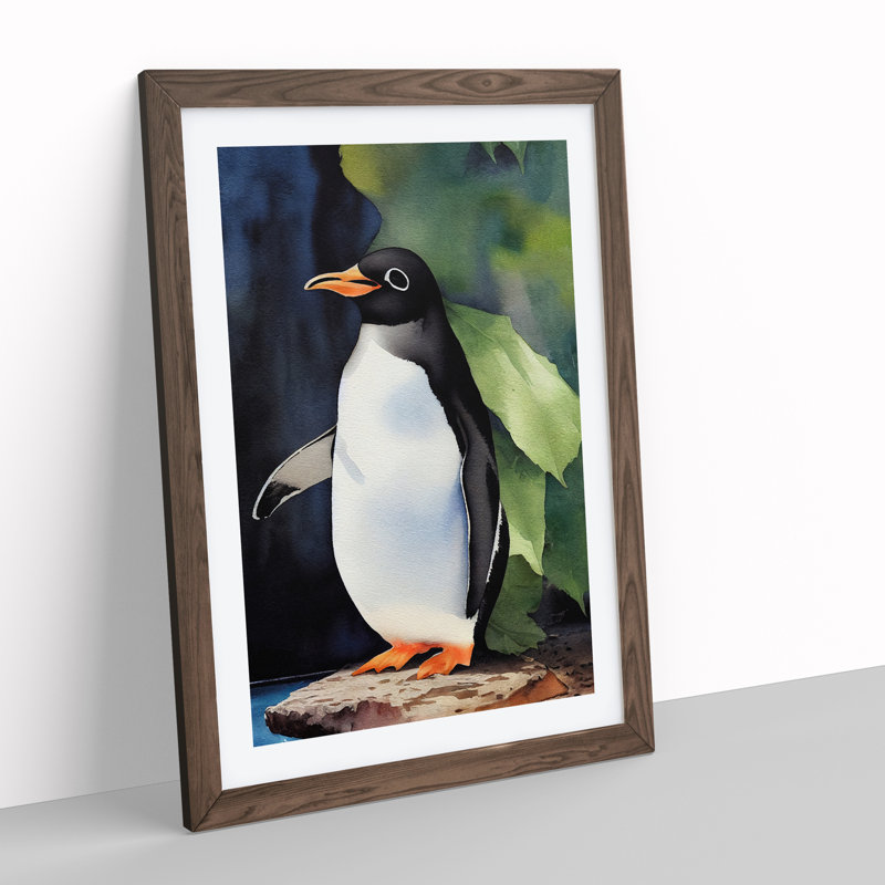 Penguin In Watercolour No.5 - Wall Art, 48cm H x 36cm W, Walnut Picture Frame, White