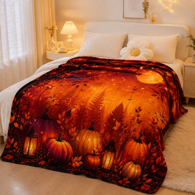 Cozy Autumn Halloween Throw Blanket, Pumpkin Lantern Forest Moon Scene Design Plush Bed Blanket for Sofa Couch Bedroom Living Room Home Decoration