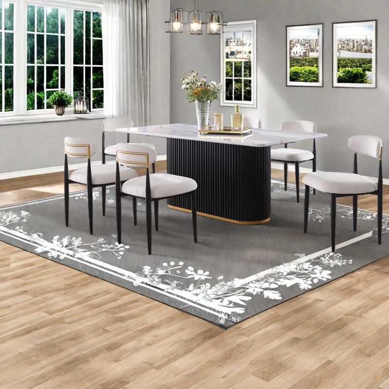 Modern Dining Table Set With Faux Marble, Metal Base & Chenille Chairs For Kitchen & Dining