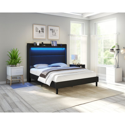 Cendi 50'' Upholstered Platform Bed with LED Lights & Wingback Headboard