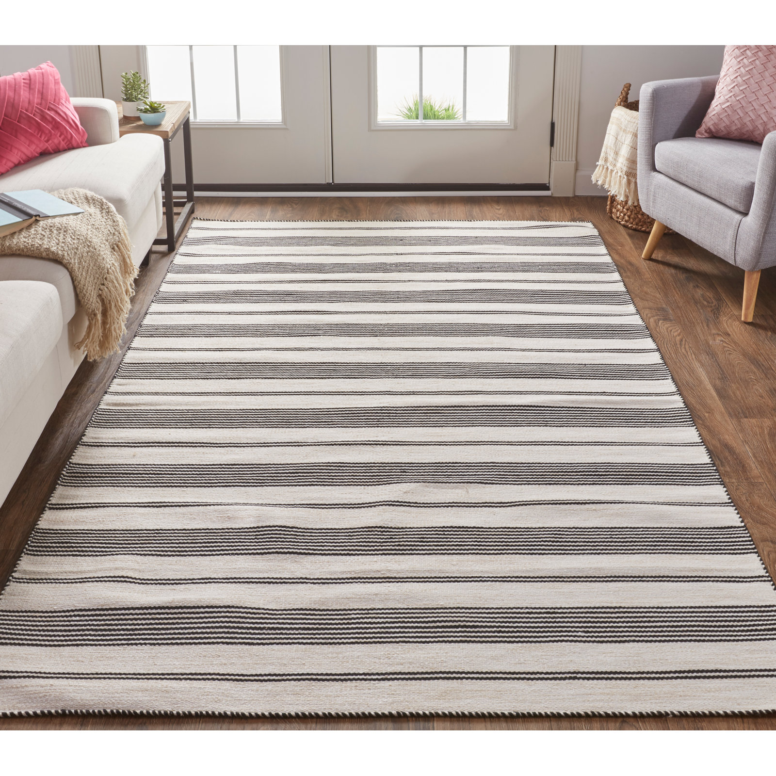 Perci Black Hand-Woven Striped Rug, Rectangle 8' x 11'