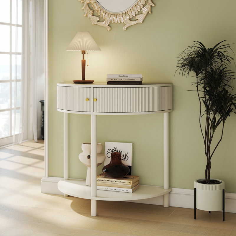 Console avec 2 tiroirs de rangement et tablette inférieure, Blanc, crème