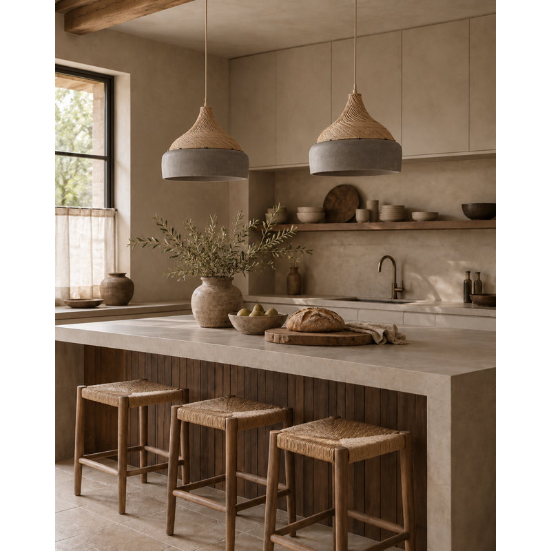 Bent Cement Fiber & Rattan Pendant Shade