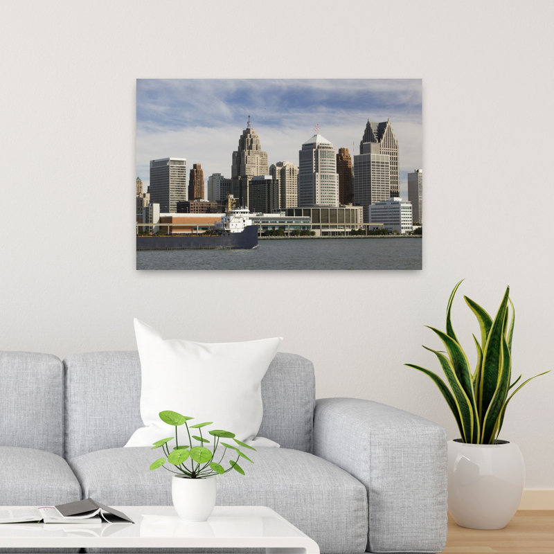 USA Michigan Wayne County Detroit along Detroit River from Windsor Ontario Canada 1 Piece Wrapped Canvas Wall Art