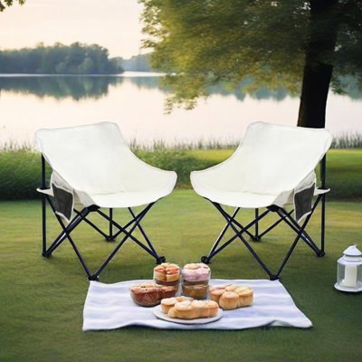 Portable, 2 pièces, beige, chaises de camping pliantes pour l'extérieur, poches latérales, sac de transport, sièges confortables, structure solide, supporte 264 livres, pêche, camping, chaises de barbecue pliables 2 pièces avec