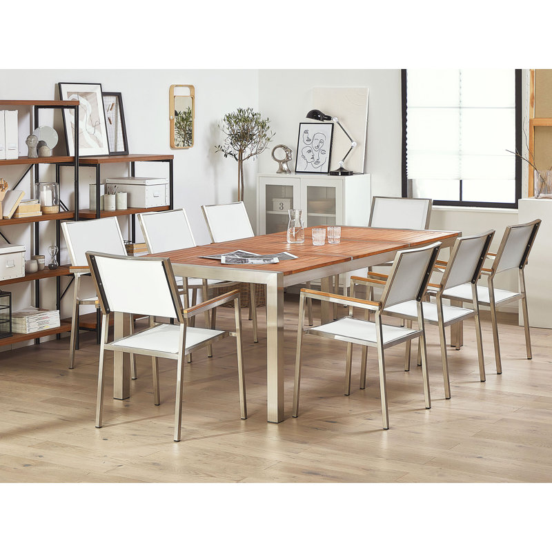 Lothen 8 - Person Eucalyptus Solid Wood Patio Dining Set Rectangular Table with Cushions Included, White