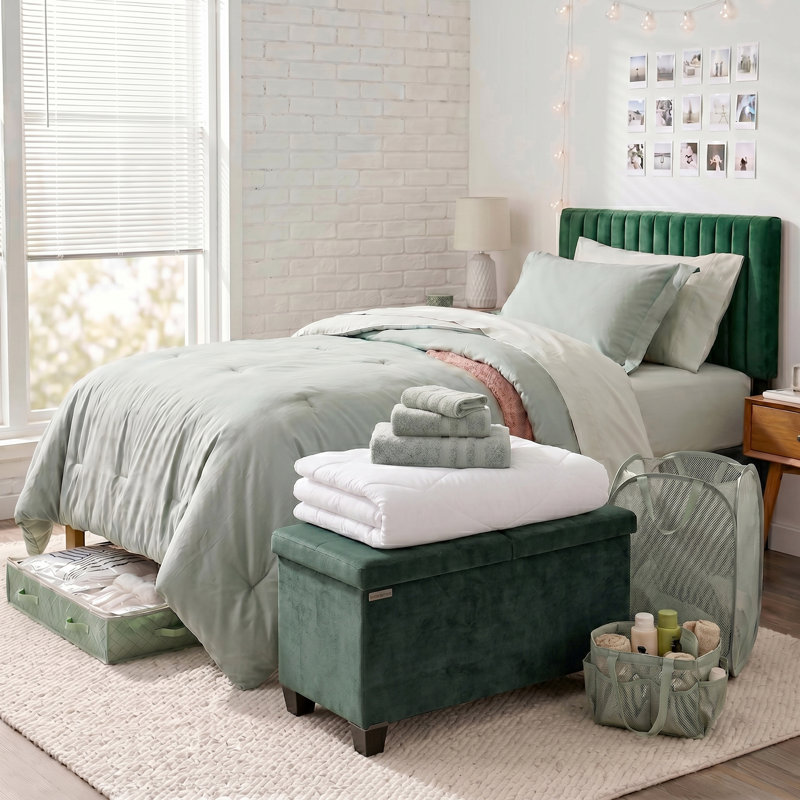 Ensemble de literie de chambre à coucher pour chambre à coucher avec lit escamotable simple et essentiel 15 pièces avec tête de lit roulée et repose-pieds avec rangement AMYX