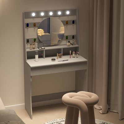 Tamme Dressing Table with Round Mirror, 80x40x140cm 3 Colors LED Light Vanity Table