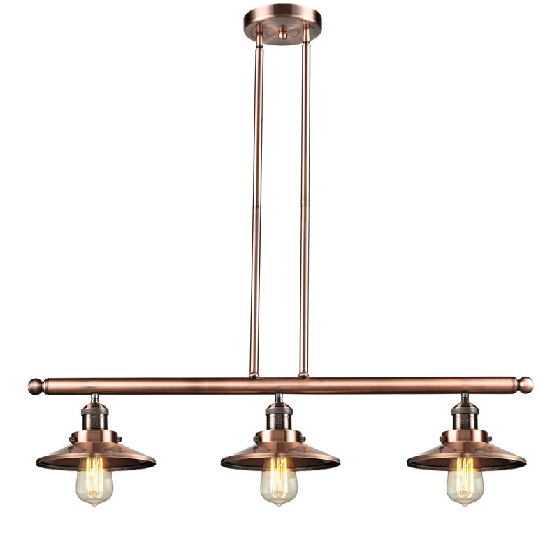 Luminaire suspendu linéaire à 3 lumières pour îlot de cuisine Gault, Cuivre antique, Chemin de fer cuivre antique