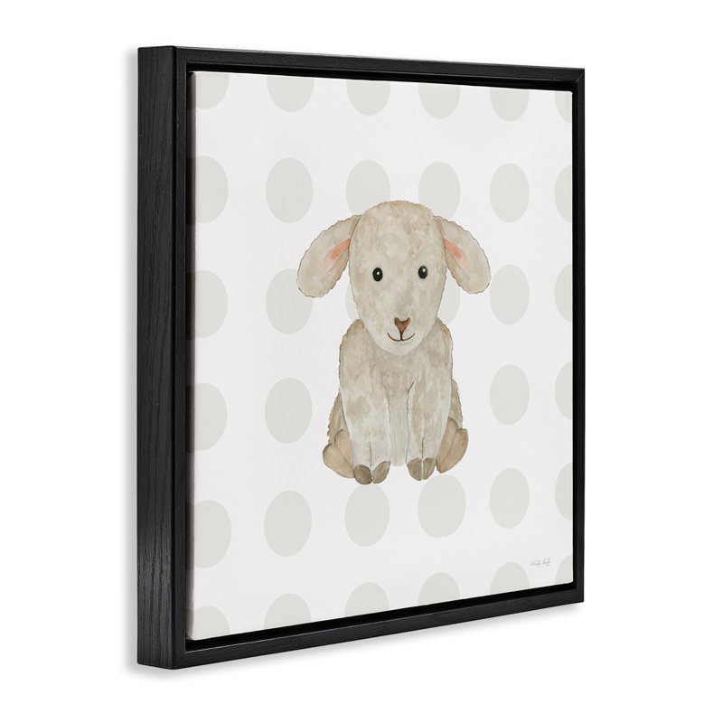 «Nursery Lamb on Dots» par Cindy Jacobs, Cadre flottant noir de jais, H 18 po x l 18 po