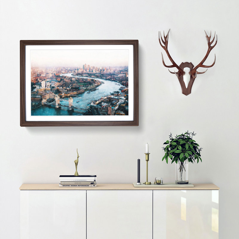 River Thames and London Skyline - Framed Print, 24cm H x 33cm W x 2cm D, Walnut Framed