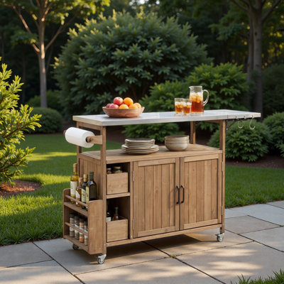 Chariot de cuisine extérieur de 54,33 po, cadre en bois massif avec plateau en acier inoxydable, support à épices, porte-serviettes, roues verrouillables et rangement multifonctionnel pour la terrasse, le barbecue dans la cour arrière et la cuisine