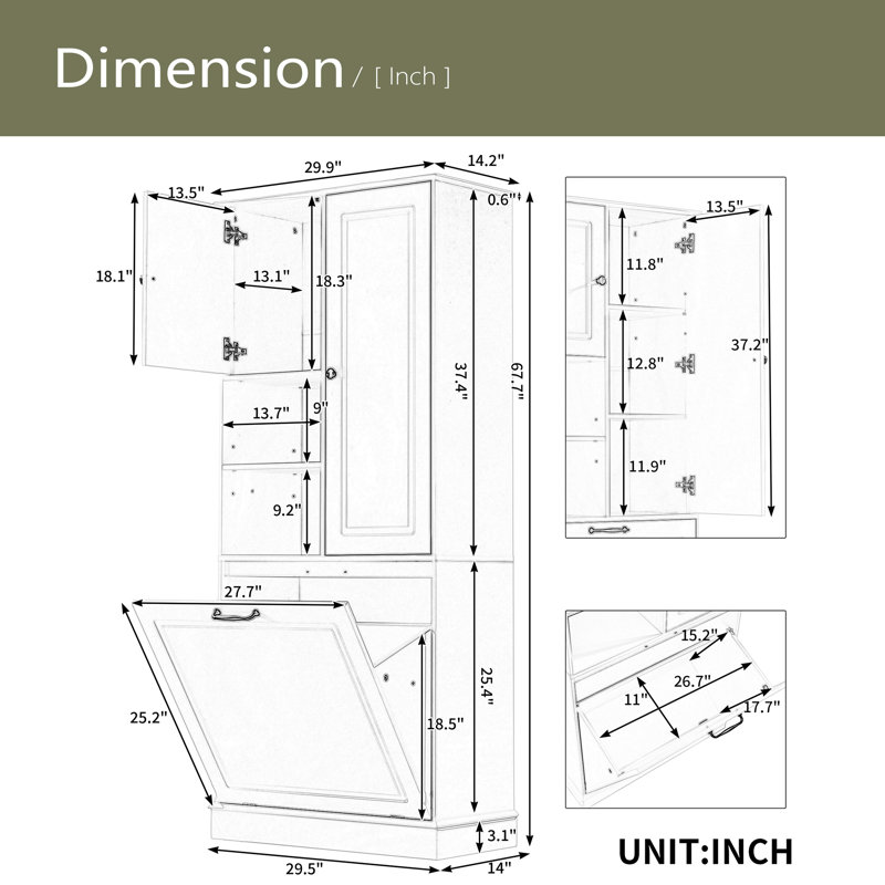 Grande armoire de rangement avec tablettes réglables, grand panier rabattable et armoires fermées - parfaite pour la salle de bain