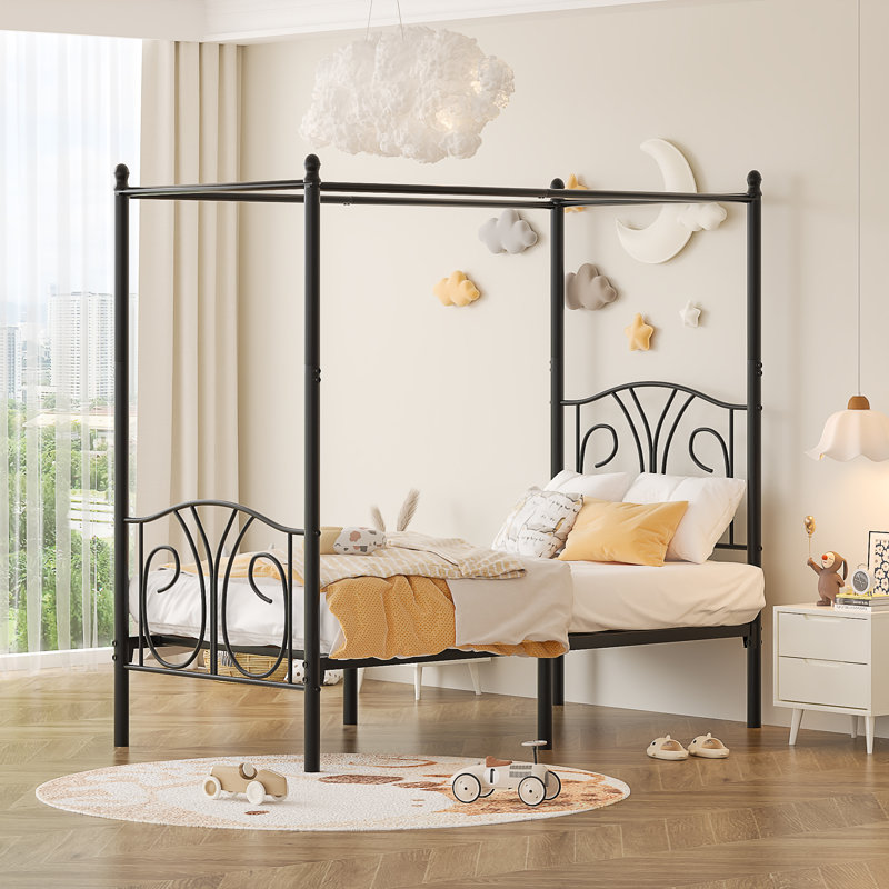Twin Metal Canopy Bed Frame with Headboard and Storage, Modern Kids Platform Bed, Black