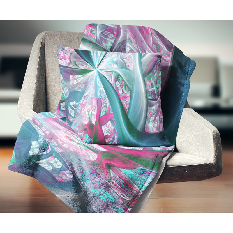 Tiges de plantes fractales - coussin imprimé abstrait, 18 po x 18 po, Bleu / Rose, Coussin décoratif