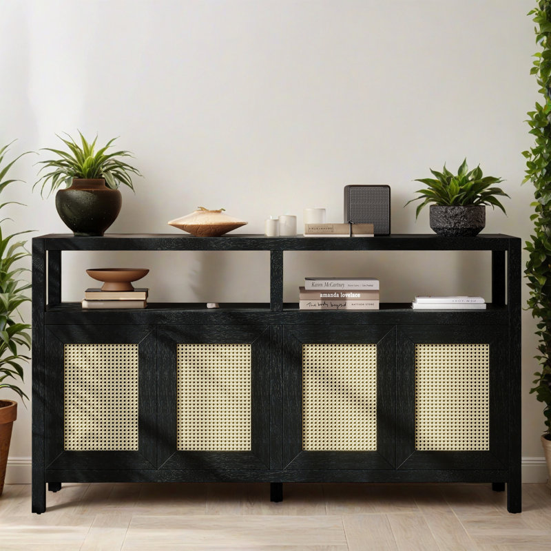 Buffet 60,0 po à 4 portes avec tablettes réglables, buffet en bois pour le salon et le vestibule, Noir