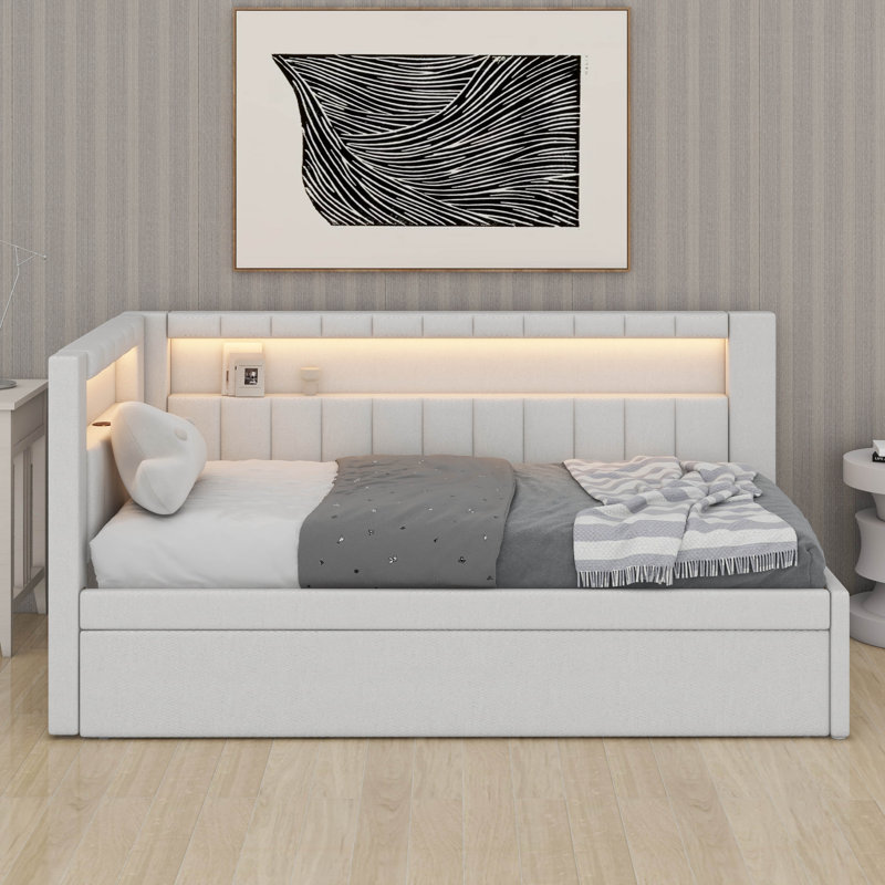 Lit plateforme tapissier simple avec ports USB et ceinture à DEL, structure de lit de jour souple avec lit gigogne, canapé de jour