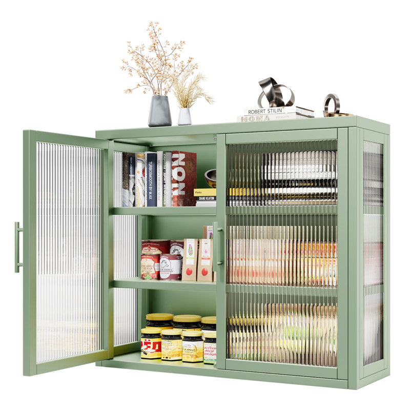 Zaine Double Glass Door Wall Cabinet With Detachable Shelves for Office, Light Mint Green
