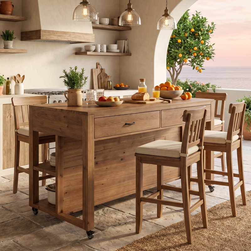 Îlot de cuisine 55 po en bois massif avec tablettes de rangement à 2 niveaux, 4 tiroirs et sièges, chariot de cuisine mobile sur roulettes