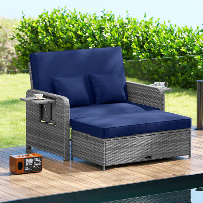 Wicker Loveseat Sofa Set Patio Rattan Daybed With Ottoman & Retractable Side Tray