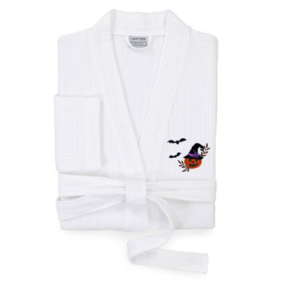 The Holiday Aisle® 100% Turkish Cotton Unisex Smyrna Hotel/Spa Embroidered Robes - Pumpkin Head