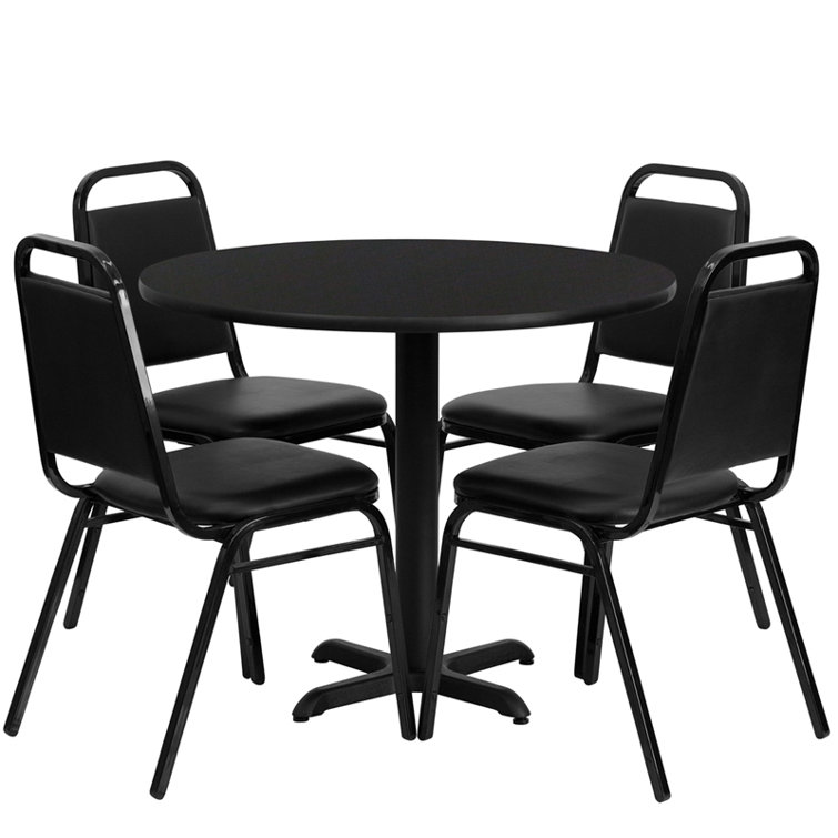 Ahlam 36'' Round Laminate Table Set with X-Base and 4 Trapezoidal Back Banquet Chairs