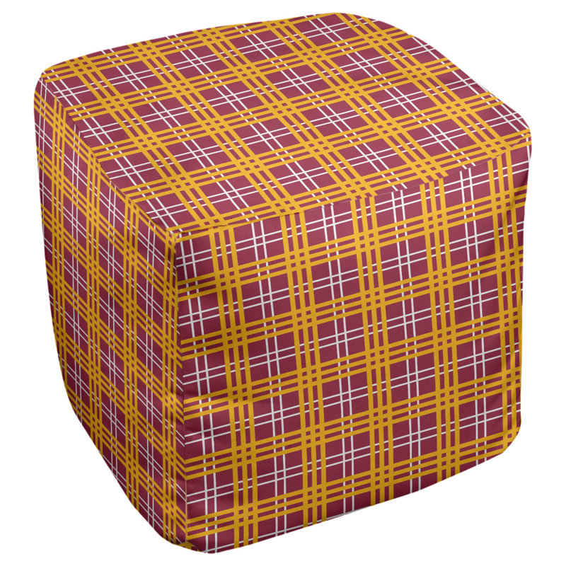 Repose-pieds pouf carré à carreaux Minnesota, Mélange de polyester rouge / blanc / jaune, H 13 po x l 13 po x P 13 po