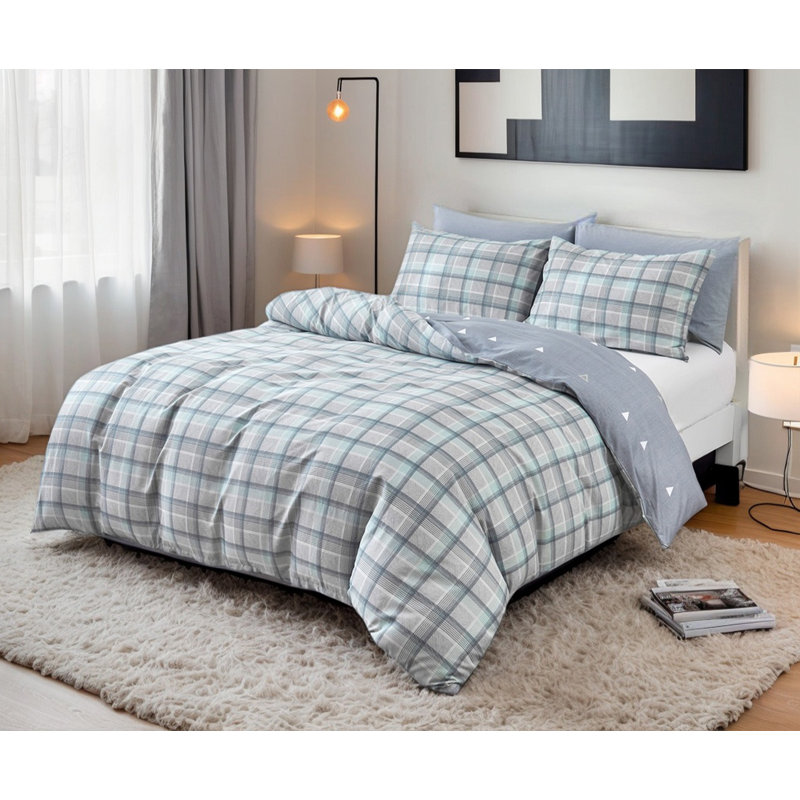 SLEEPBELLA Comforter Queen Size, 600 Thread Count Cotton Reversible Grey Buffalo Pattern Grey Plaid Comforter Sets,Down Alternative Bedding Set 3Pcs (Queen, Grey Plaid)