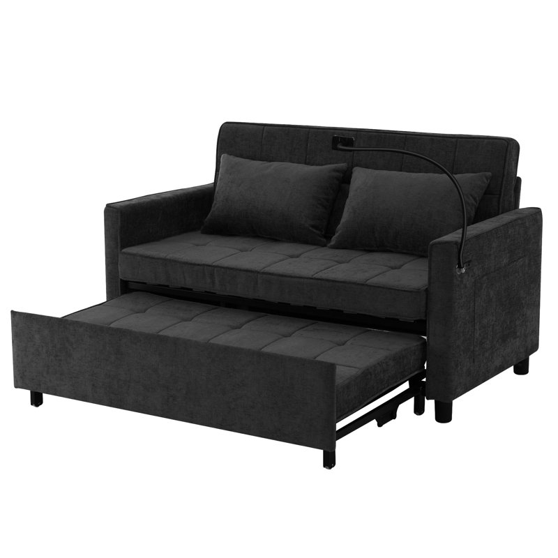 Loveseat Sofa Bed, Dual USB Ports & Phone Holder, Black