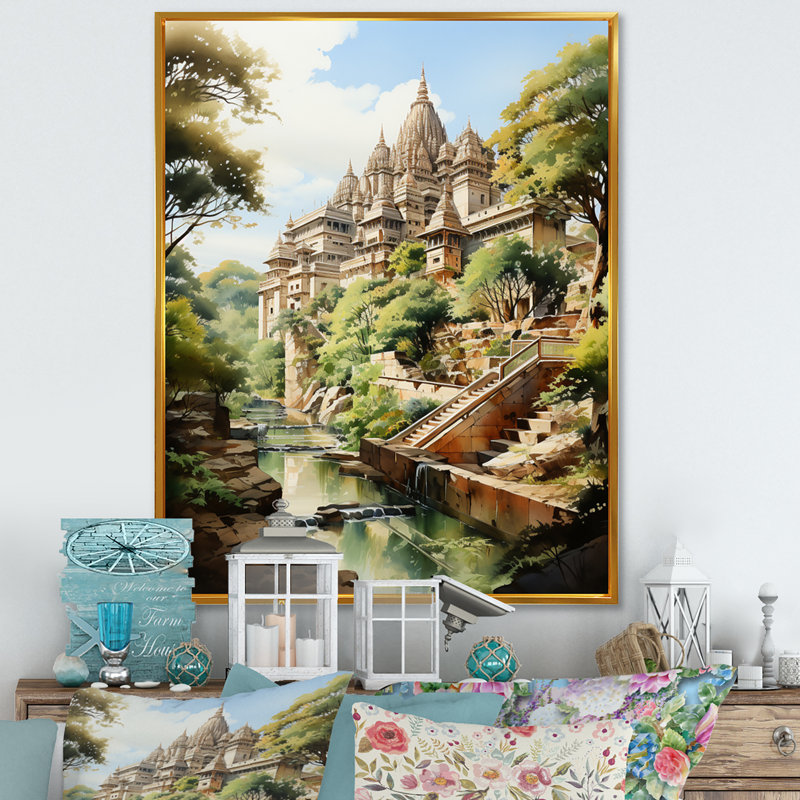 Yeon Indian Art Sacred Temples I - reproduction d'art, H 32 po x l 16 po x P 1 po, Cadre flottant doré