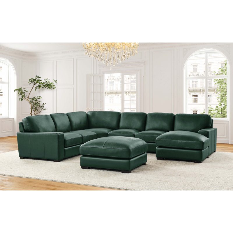 Antanisha Leather U-Shaped Sectional, Green Genuine Leather