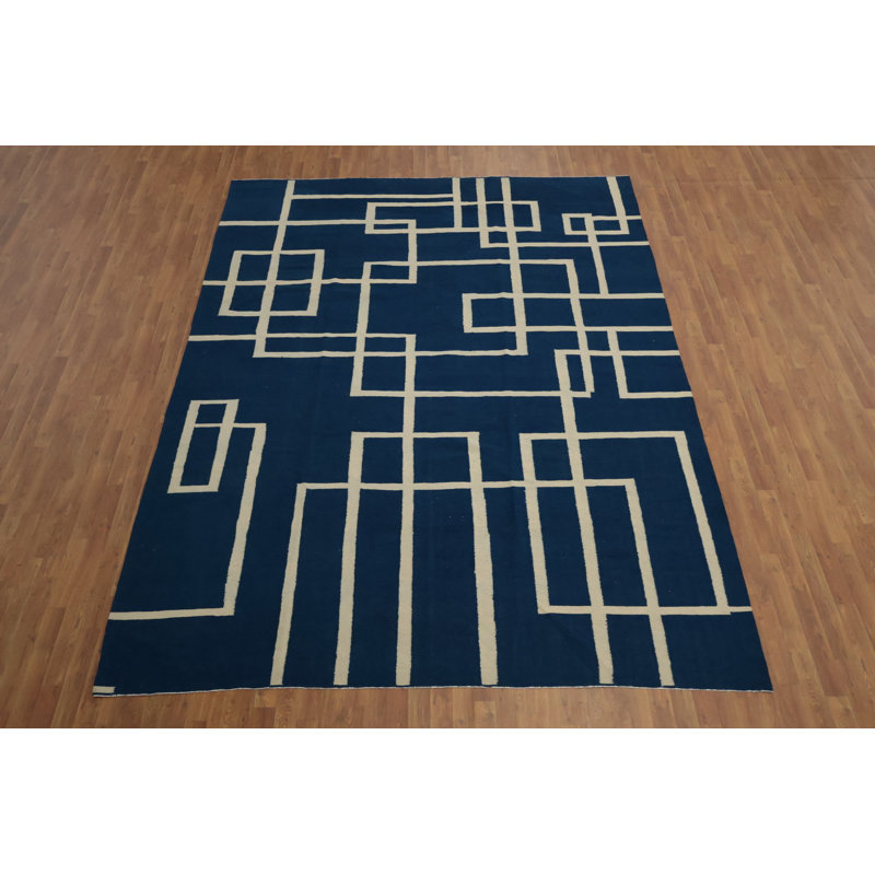 Blue Modern Wool Kilim Large Area Rug 9x12