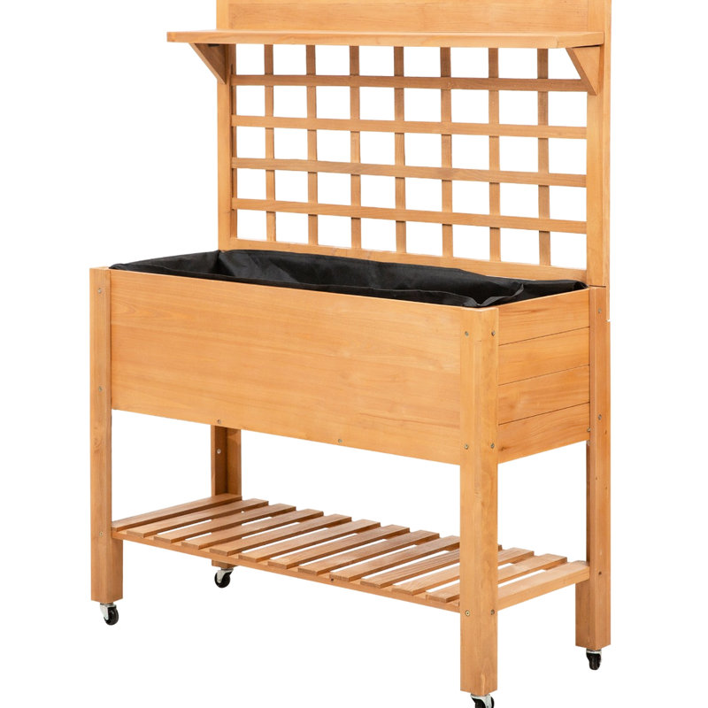 Boîte à fleurs surélevée en bois massif à 3 couches avec roues pour planter des violettes dans le patio ou la serre, rangement sur le dessus et le dessous, grille décorative pour glands, boîte de 41,5 po x l 17,75 po x H 53,25 po