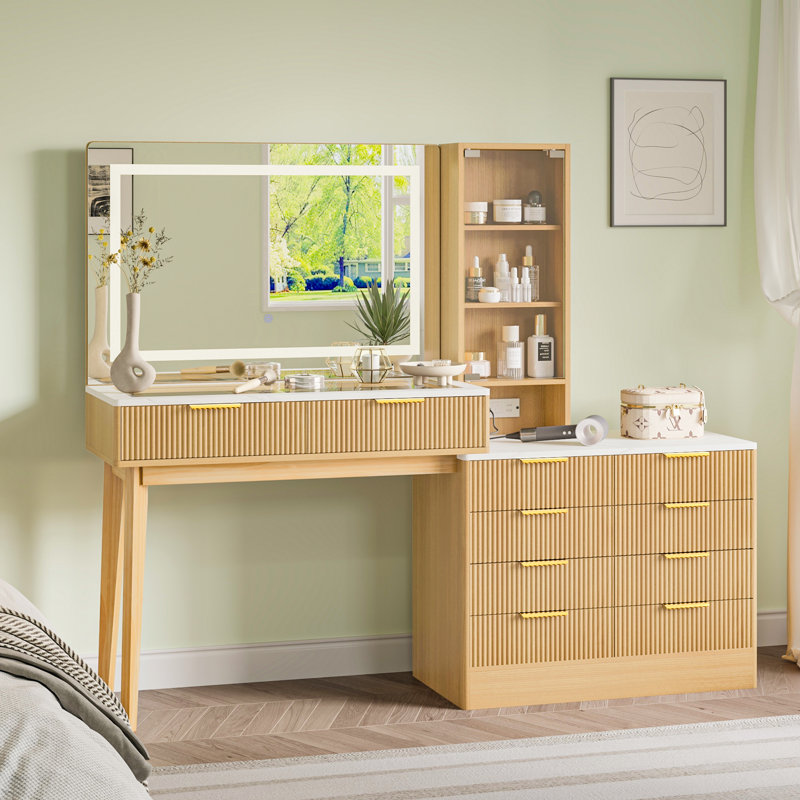 Makeup Vanity Desk with LED Lighted Mirror, 10 Drawers, Glass Door Display Cabinet, Built-In Power Outlet & USB Ports, Fluted Design Vanity Table with Solid Wood Legs, Natural