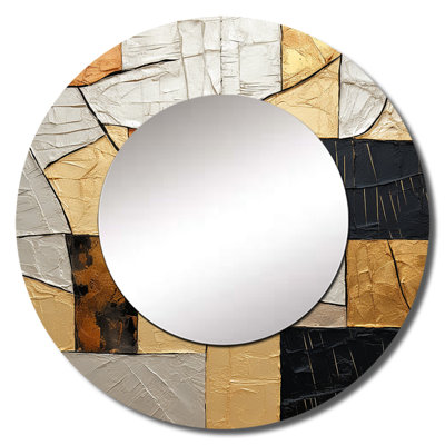 Black Gold Adorned Poteries II - Abstract Spirals Unique Wall Mirror Decor, Black Large Round Mirror, Printed Metal Art